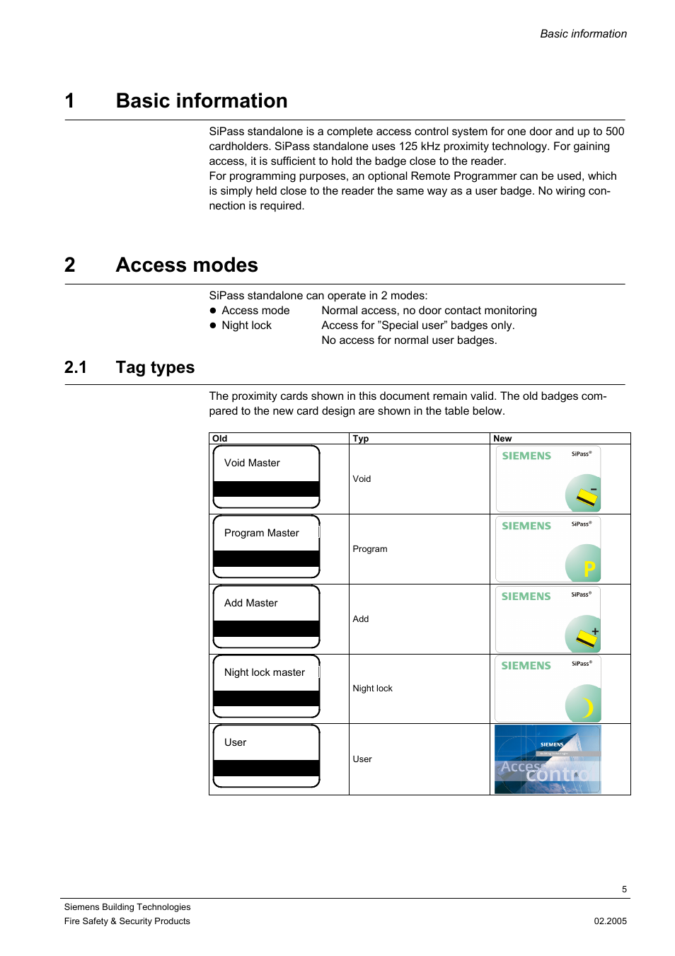 Basic information, Access modes, Tag types | 1 basic information, 2 access modes, 1 tag types | Siemens SIPASS STANDALONE ACS3110 User Manual | Page 5 / 20