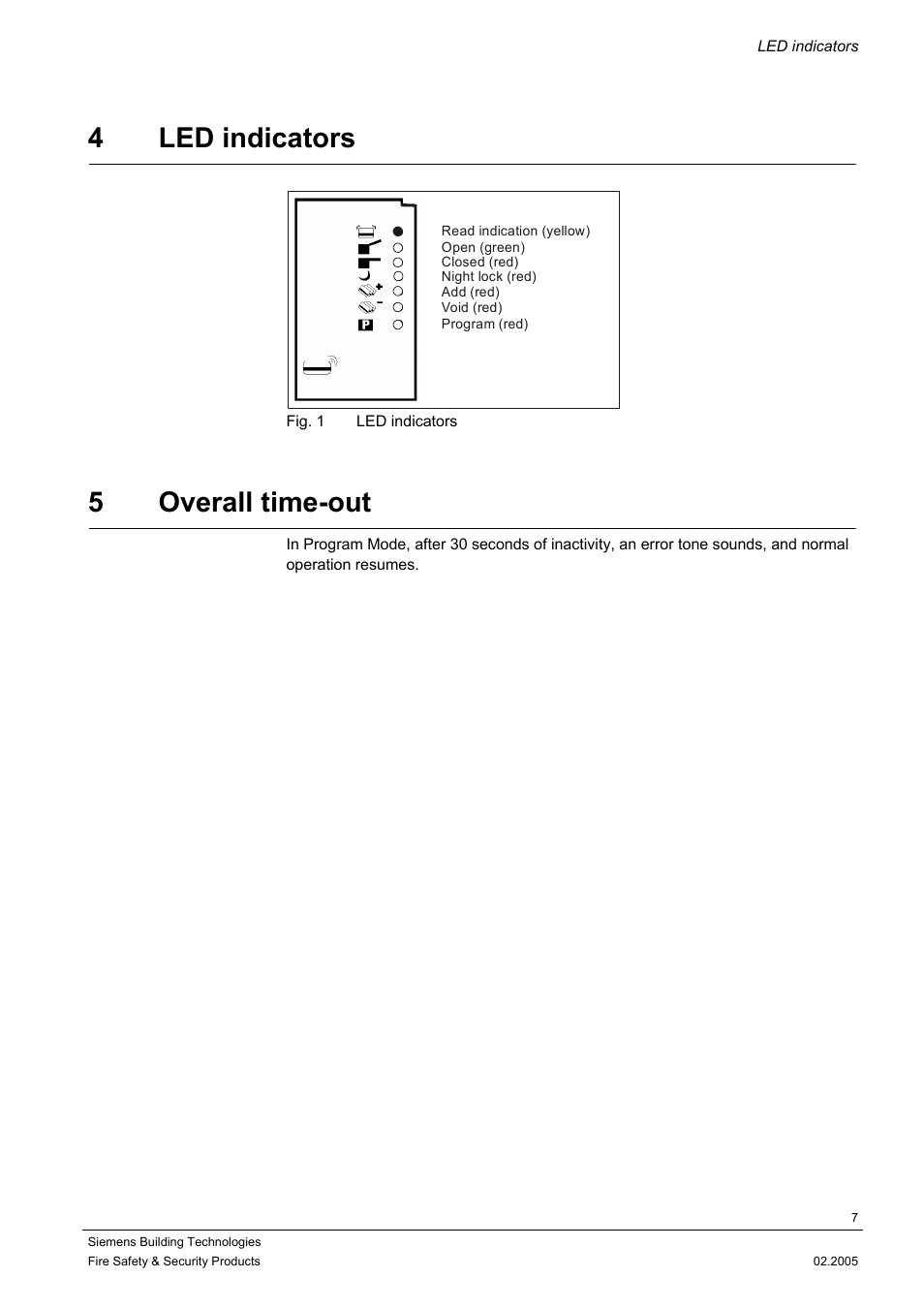 Led indicators, Overall time-out, 4 led indicators | 5 overall time-out | Siemens SIPASS STANDALONE ACS3110 User Manual | Page 7 / 20