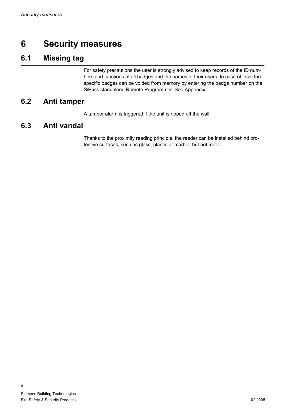 Security measures, Missing tag, Anti tamper | Anti vandal, 6 security measures, 1 missing tag, 2 anti tamper, 3 anti vandal | Siemens SIPASS STANDALONE ACS3110 User Manual | Page 8 / 20