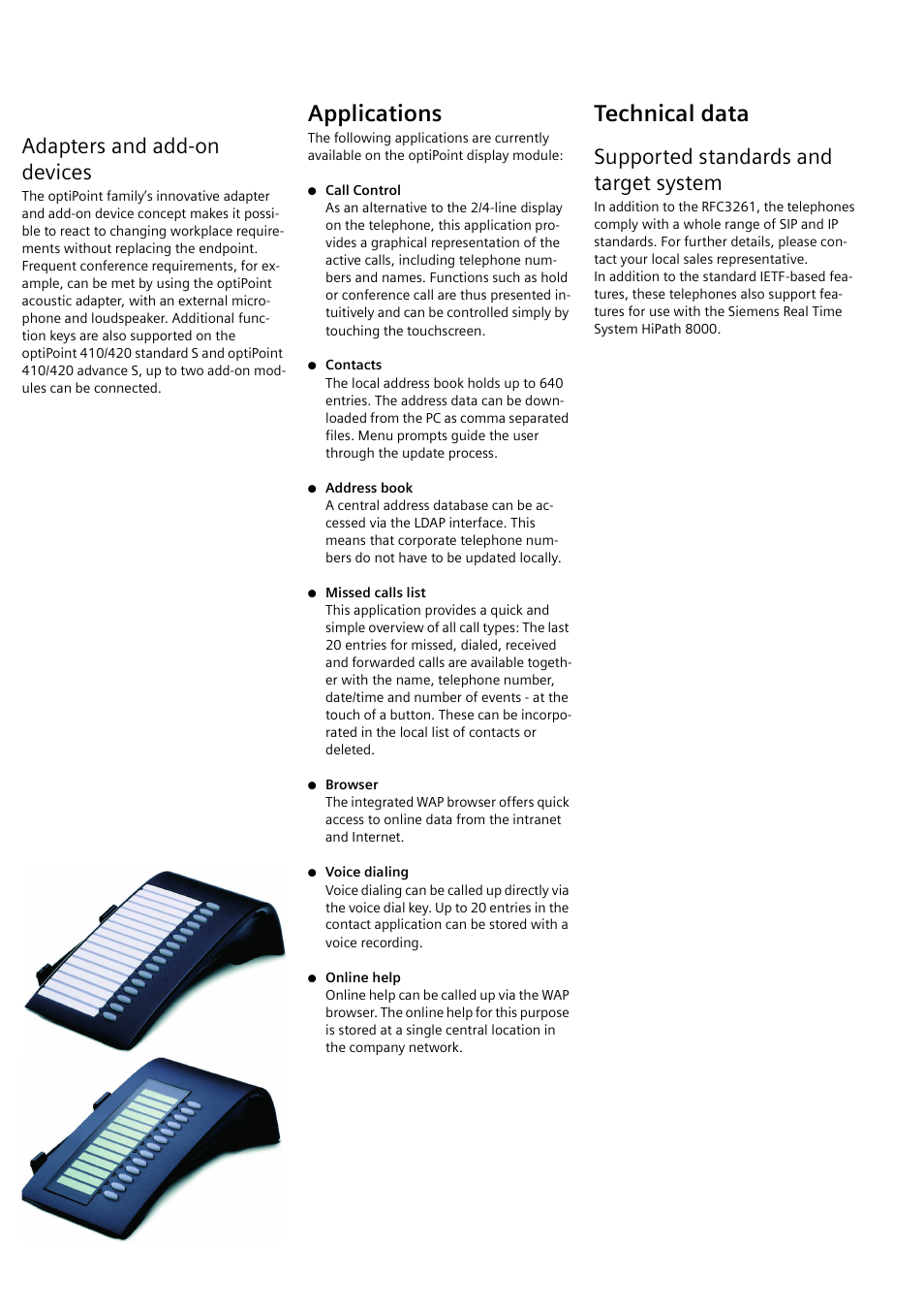 Applications, Technical data, Adapters and add-on devices | Supported standards and target system | Siemens 410 S User Manual | Page 4 / 10