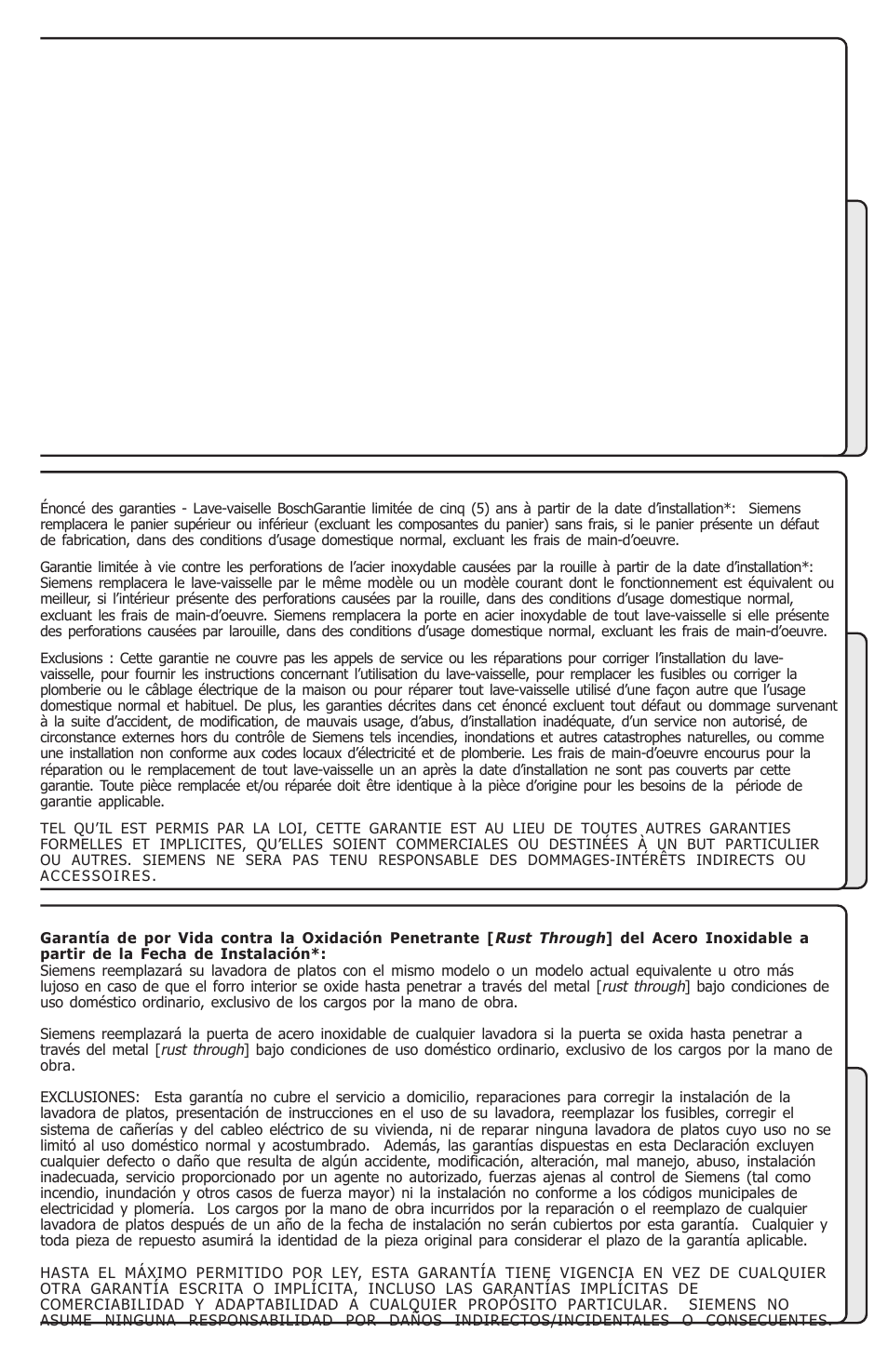 55 statement of warranties - siemens dishwashers, Énoncé des garanties - lave-vaiselle siemens | Siemens SL34A User Manual | Page 56 / 66