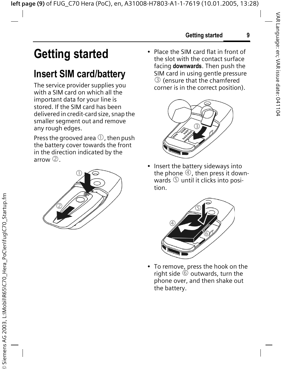 Getting started, Insert sim card/battery | Siemens CT70 User Manual | Page 10 / 144
