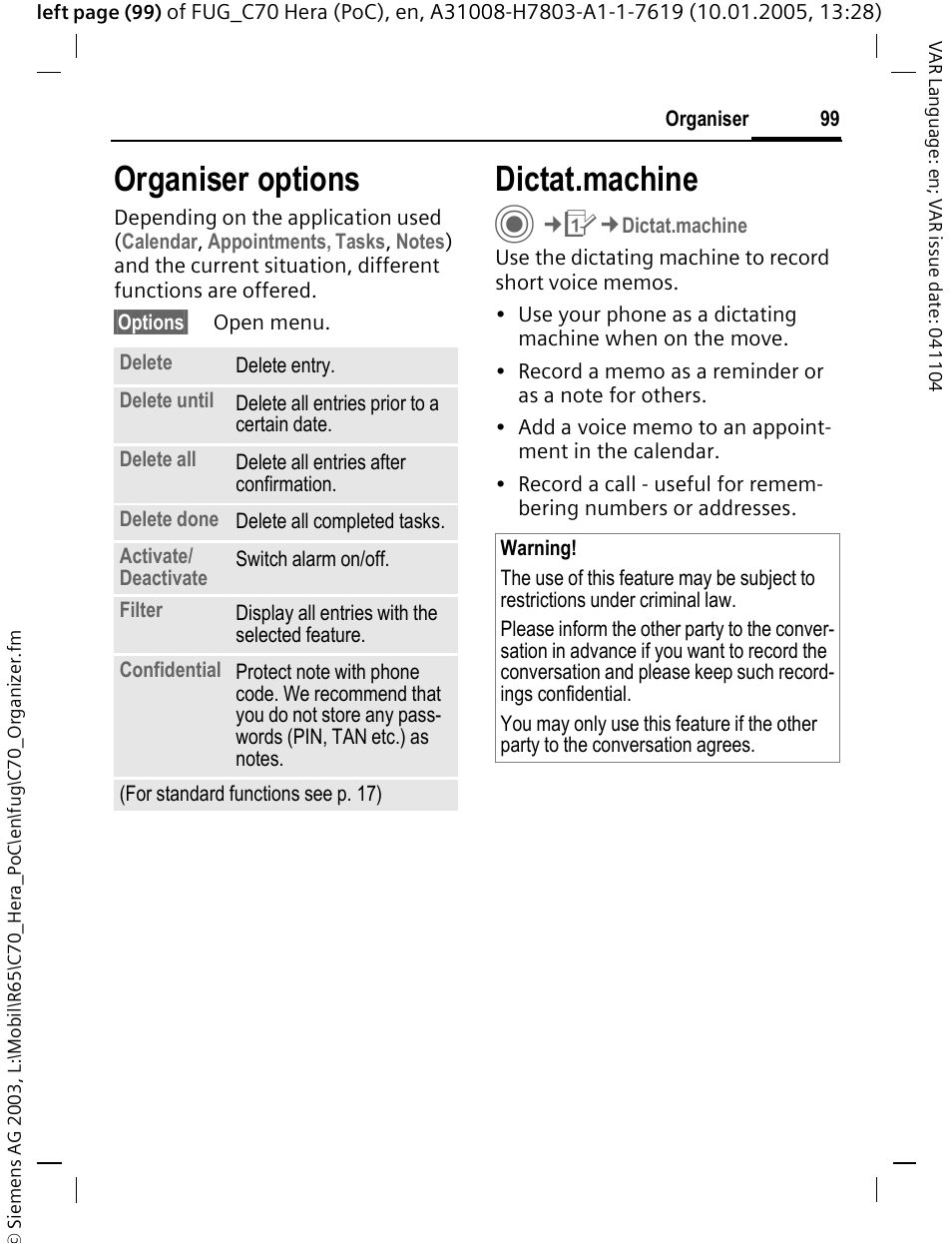 Dictat.machine, Organiser options | Siemens CT70 User Manual | Page 100 / 144