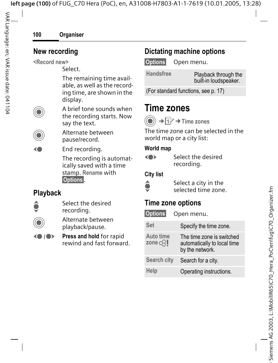 Time zones | Siemens CT70 User Manual | Page 101 / 144