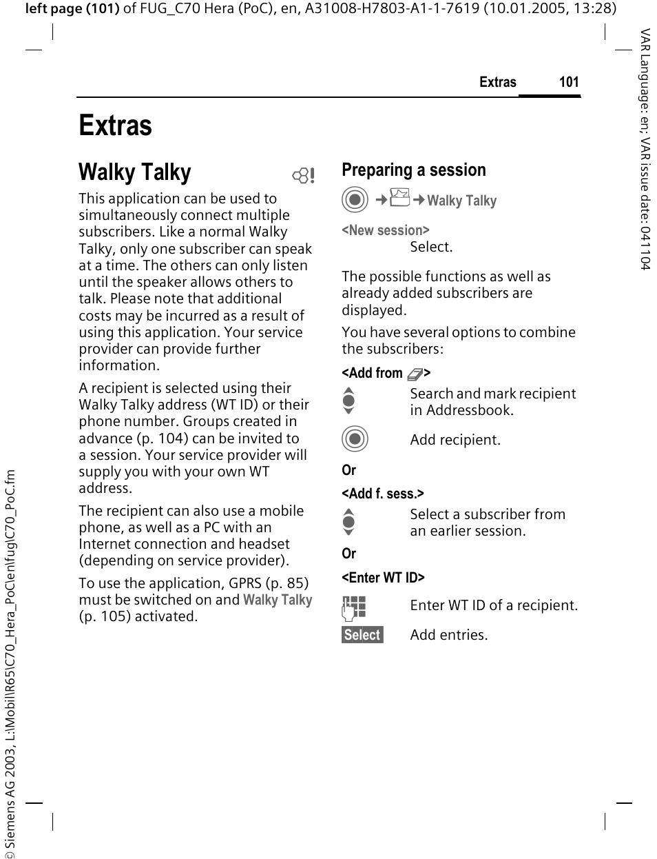 Extras, Walky talky b, Walky talky | Preparing a session | Siemens CT70 User Manual | Page 102 / 144