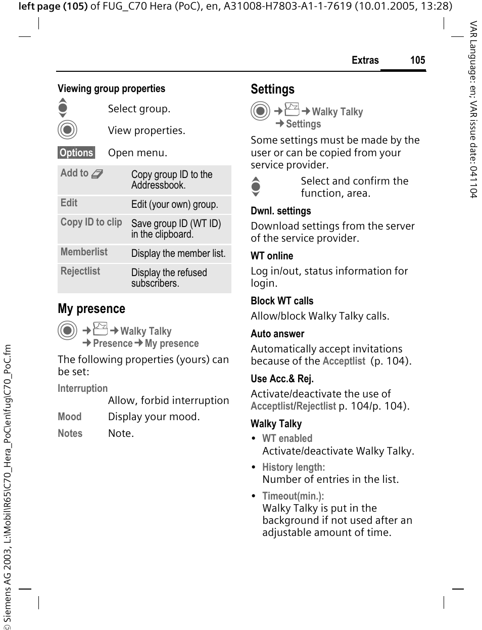 My presence, Settings | Siemens CT70 User Manual | Page 106 / 144