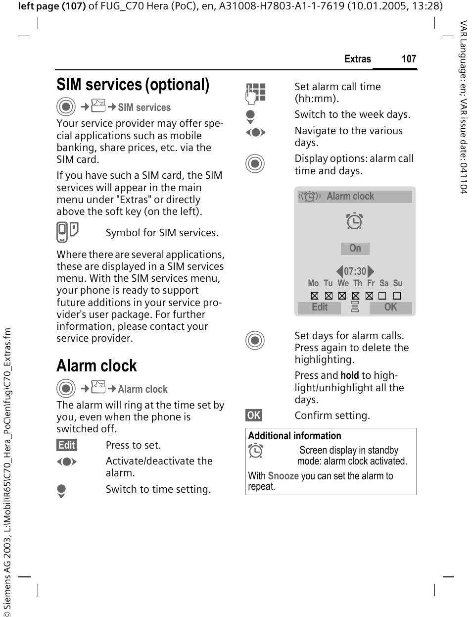 Sim services (optional), Alarm clock, Sim services (op | Sim services, Optional) | Siemens CT70 User Manual | Page 108 / 144