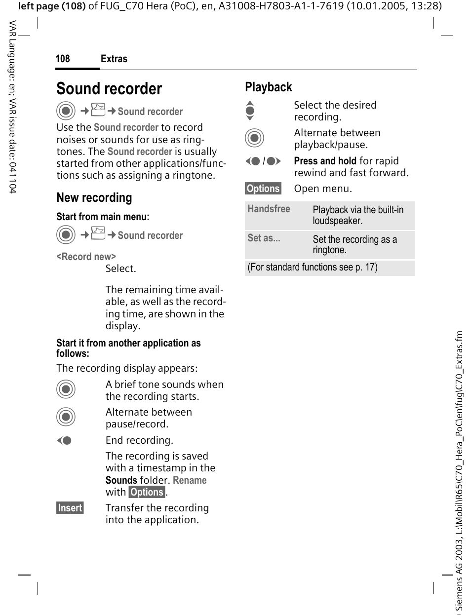 Sound recorder, Unds (p. 108) | Siemens CT70 User Manual | Page 109 / 144