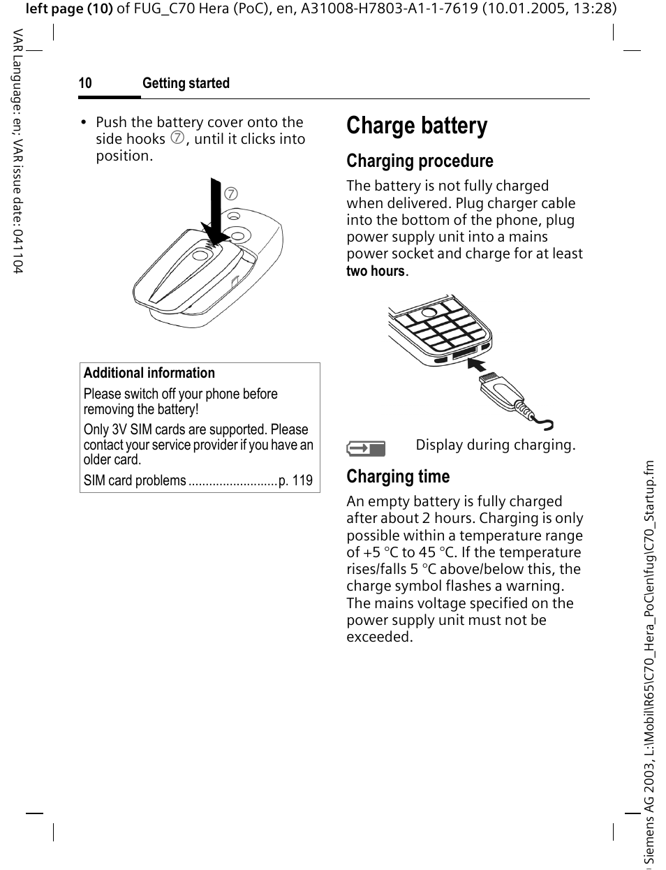 Charge battery, Charging procedure, Charging time | Siemens CT70 User Manual | Page 11 / 144
