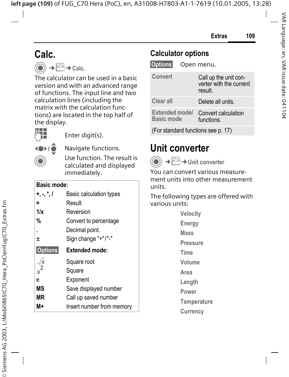 Calc, Unit converter, Calculator options | Siemens CT70 User Manual | Page 110 / 144