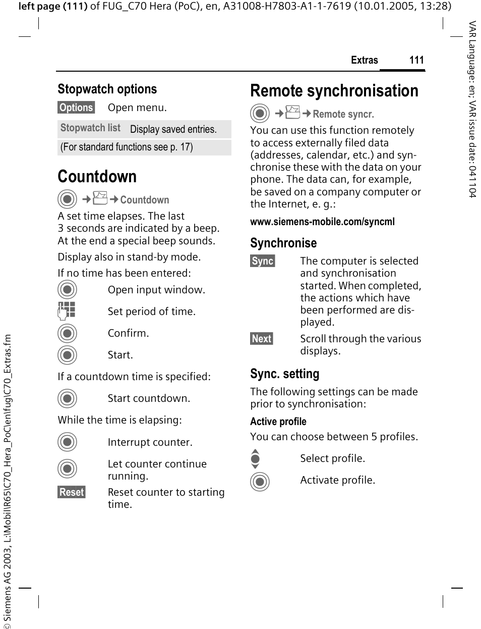 Countdown, Remote synchronisation, See also p. 111) | Siemens CT70 User Manual | Page 112 / 144