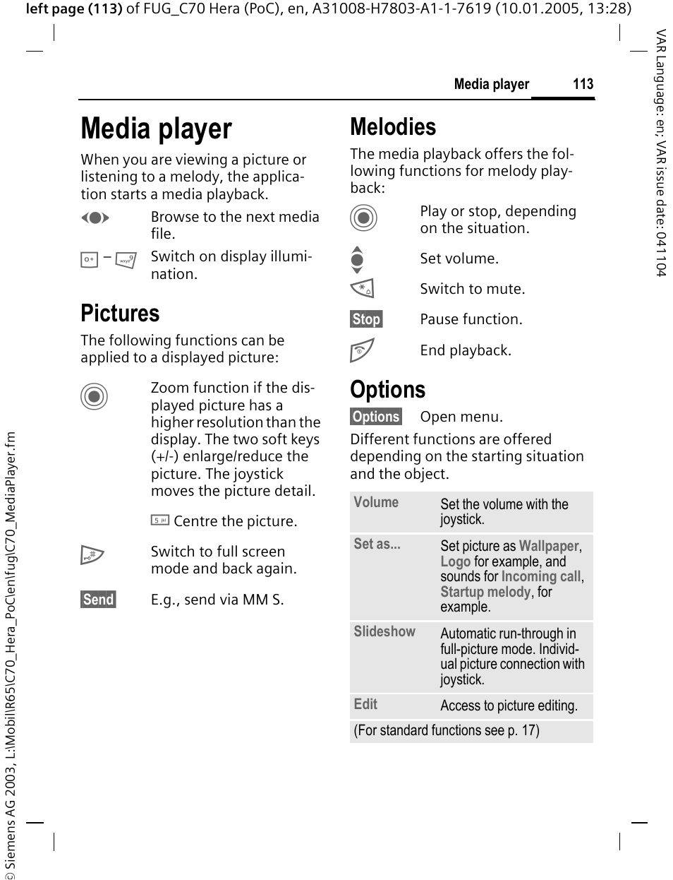 Media player, Pictures, Melodies | Options | Siemens CT70 User Manual | Page 114 / 144