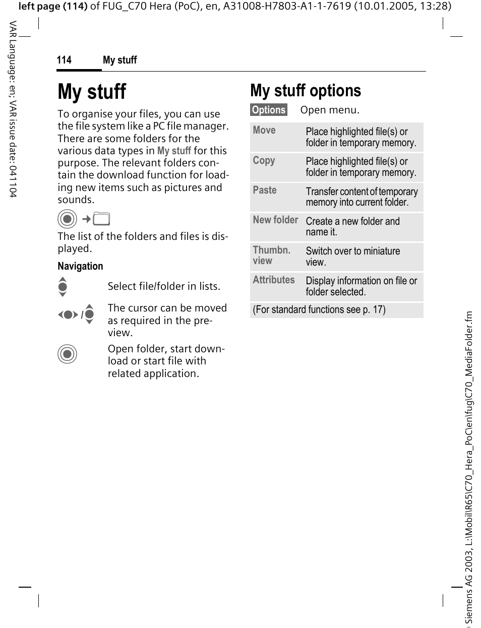 My stuff, Es (p. 114), P. 114) | My stuff options | Siemens CT70 User Manual | Page 115 / 144