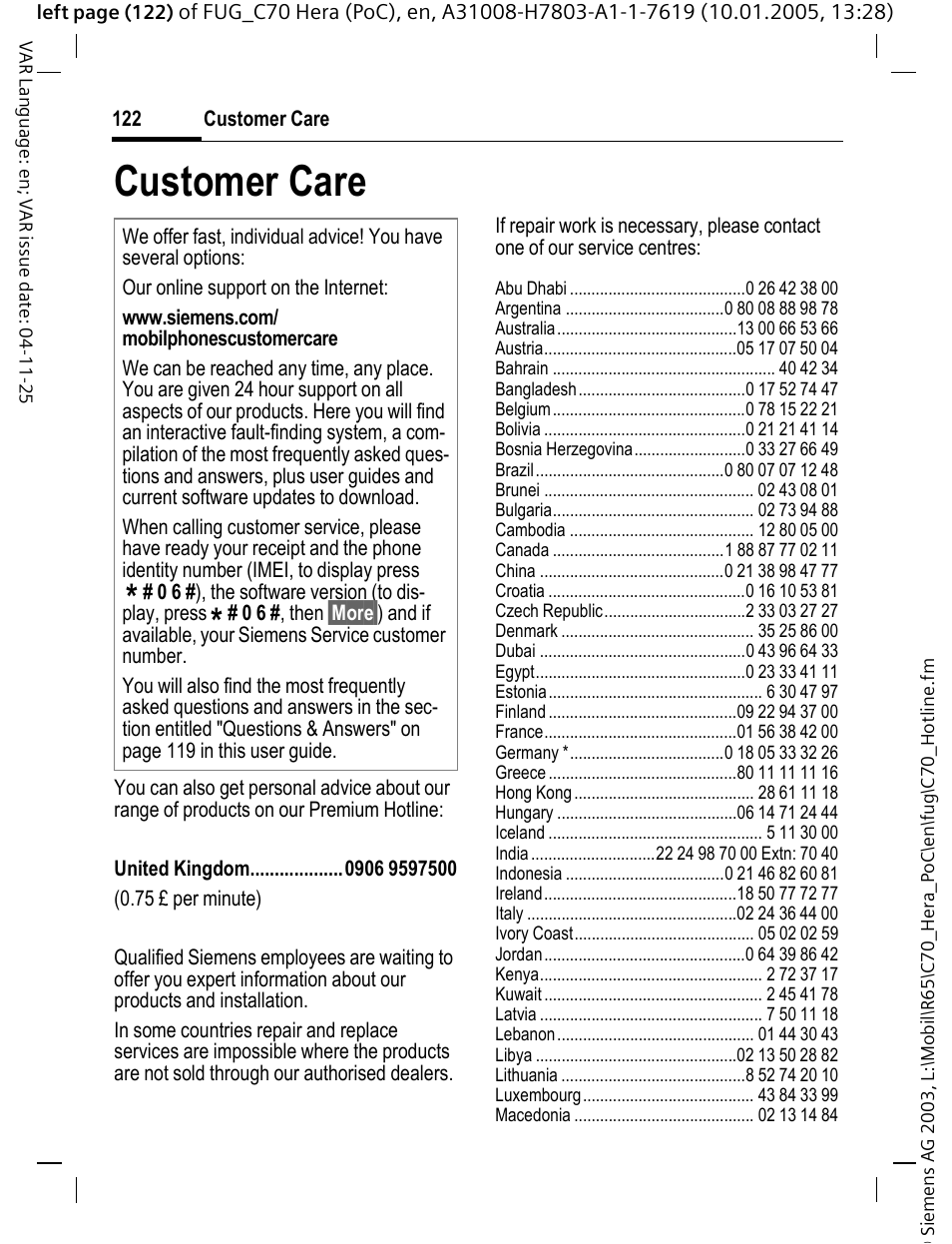 Customer care, Ice (p. 122) | Siemens CT70 User Manual | Page 123 / 144