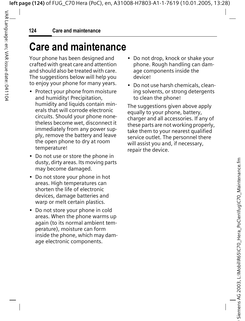 Care and maintenance | Siemens CT70 User Manual | Page 125 / 144