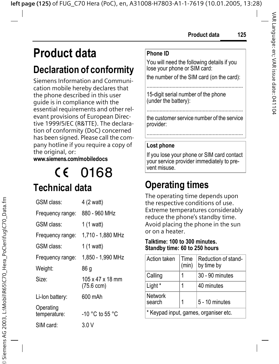Product data, Declaration of conformity, Technical data | Operating times | Siemens CT70 User Manual | Page 126 / 144