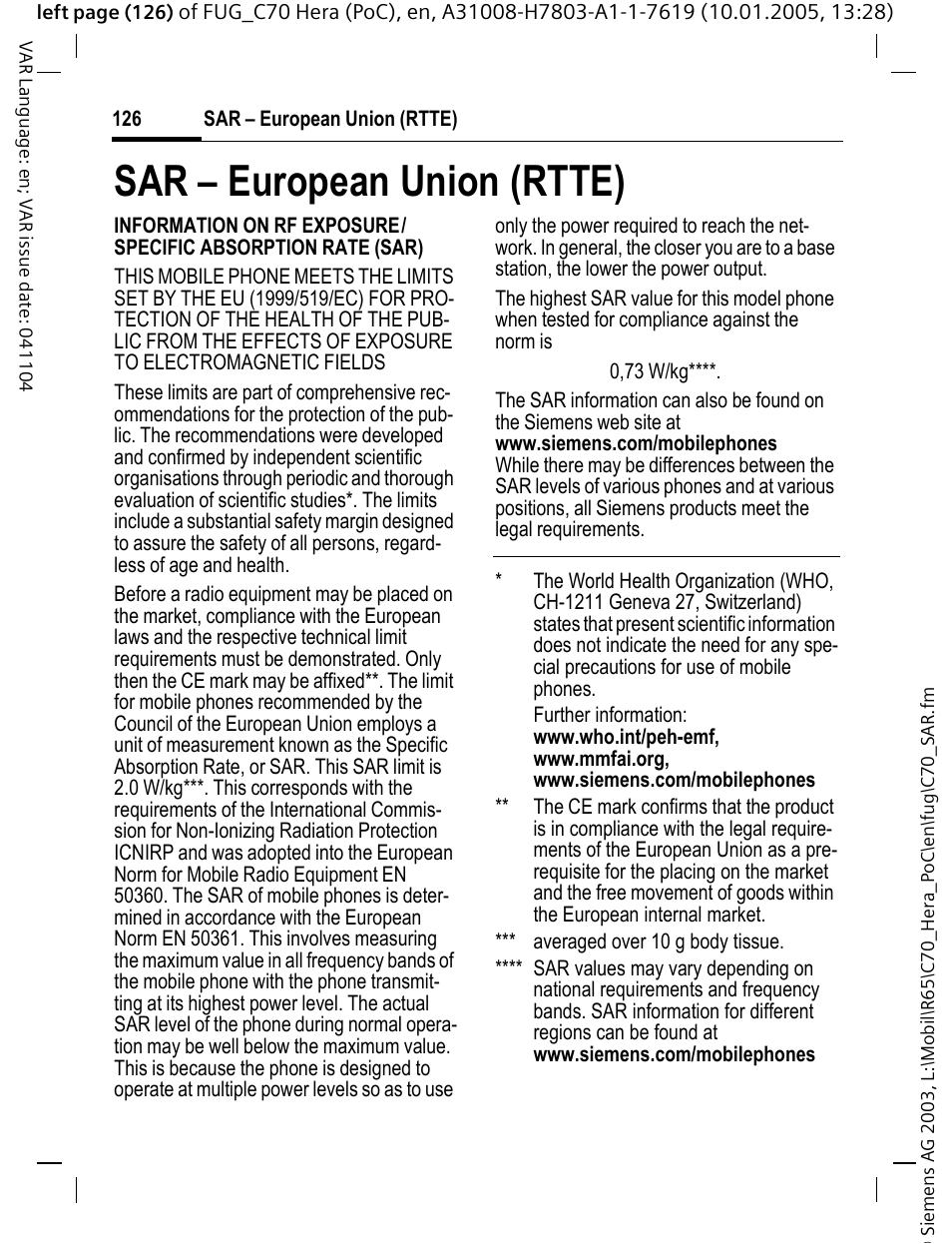 Sar – european union (rtte) | Siemens CT70 User Manual | Page 127 / 144