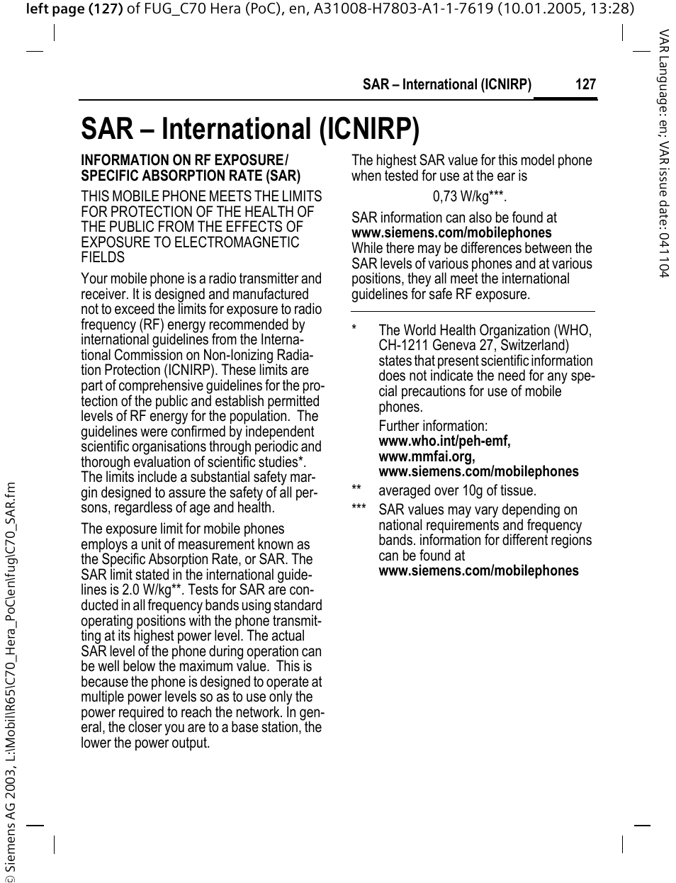 Sar – international (icnirp) | Siemens CT70 User Manual | Page 128 / 144