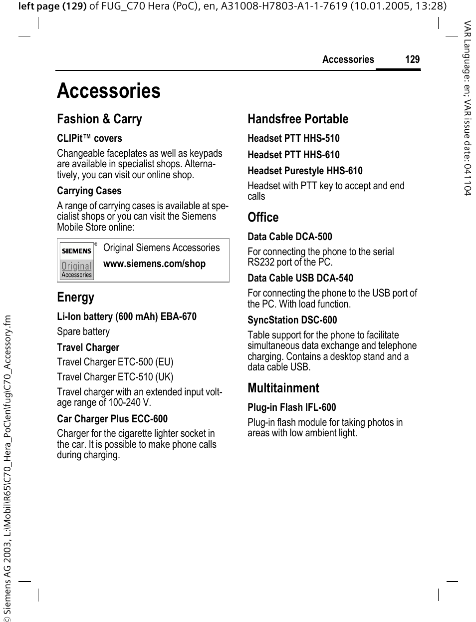 Accessories, Fashion & carry, Energy | Handsfree portable, Office, Multitainment | Siemens CT70 User Manual | Page 130 / 144