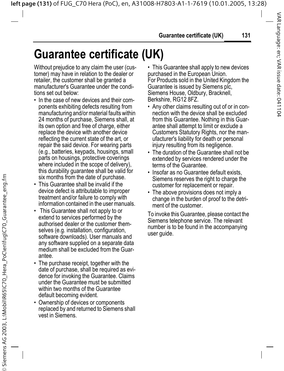 Guarantee certificate (uk) | Siemens CT70 User Manual | Page 132 / 144