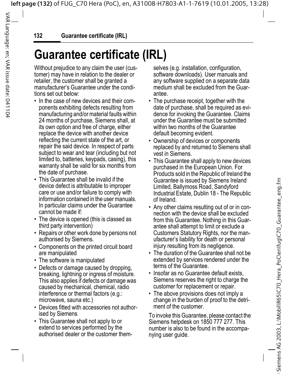 Guarantee certificate (irl) | Siemens CT70 User Manual | Page 133 / 144