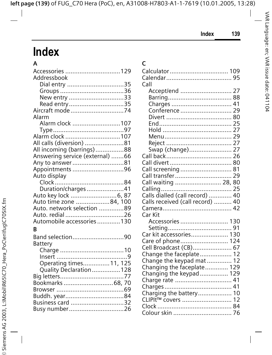 Index | Siemens CT70 User Manual | Page 140 / 144