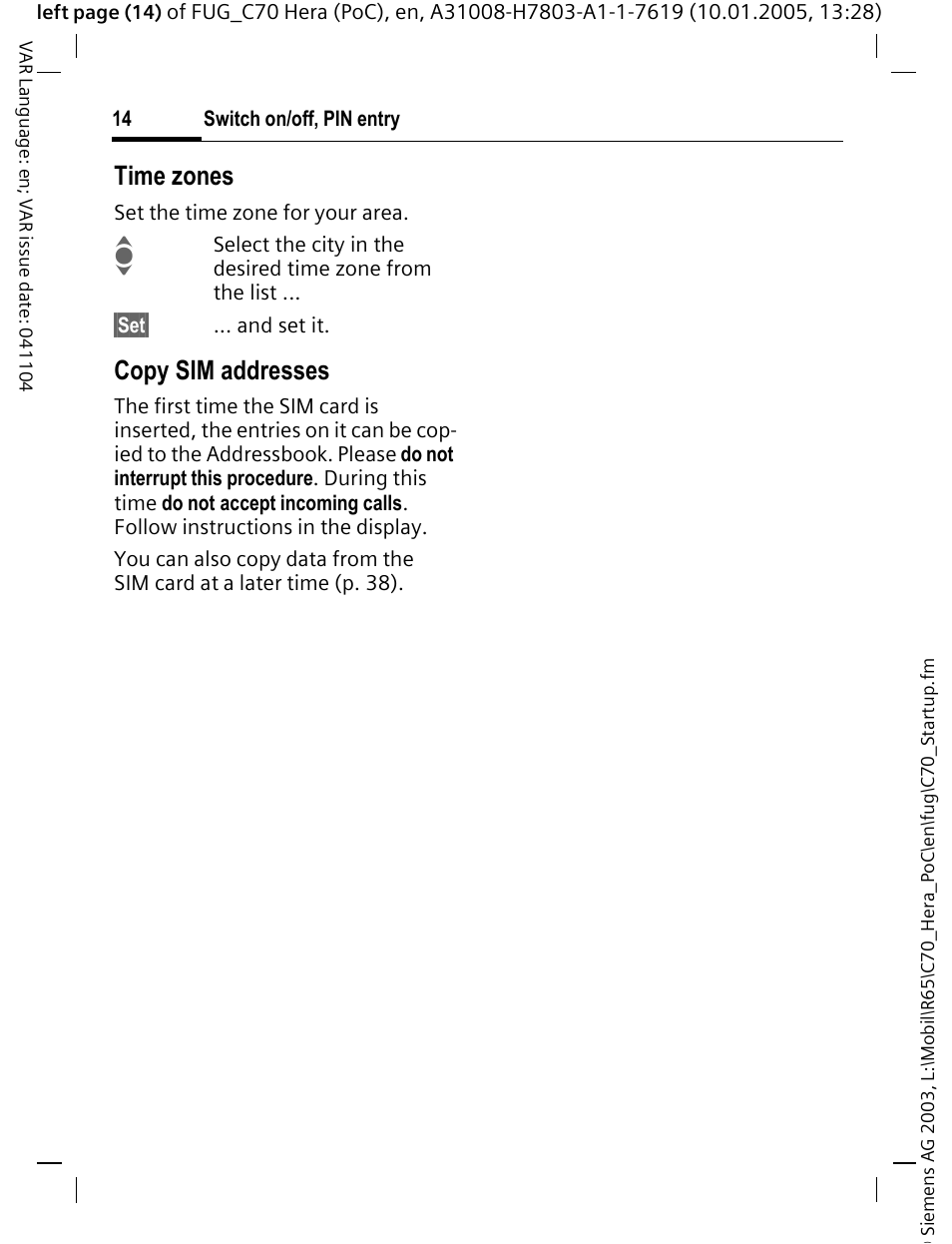 Time zones, Copy sim addresses | Siemens CT70 User Manual | Page 15 / 144