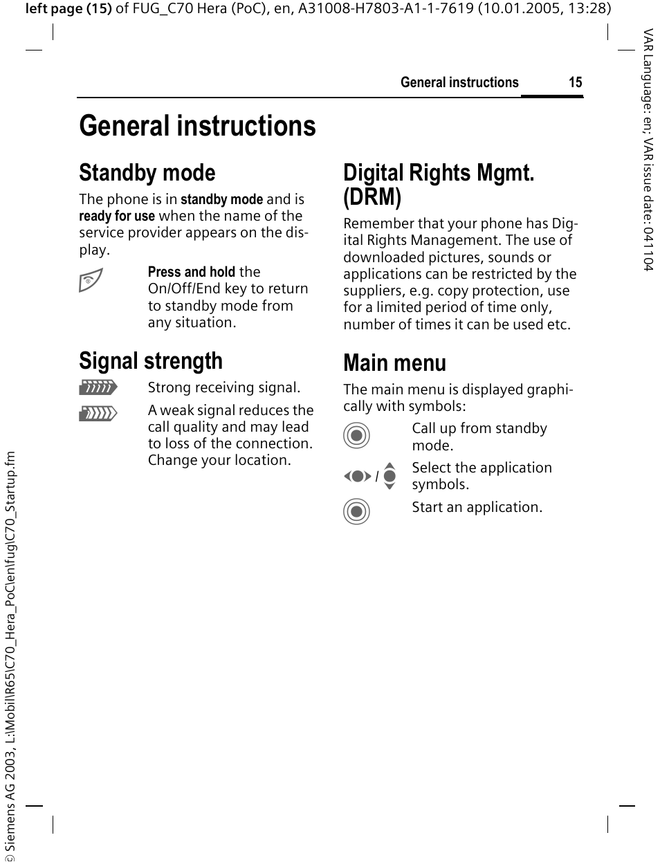 General instructions, Standby mode, Signal strength | Digital rights mgmt. (drm), Main menu | Siemens CT70 User Manual | Page 16 / 144