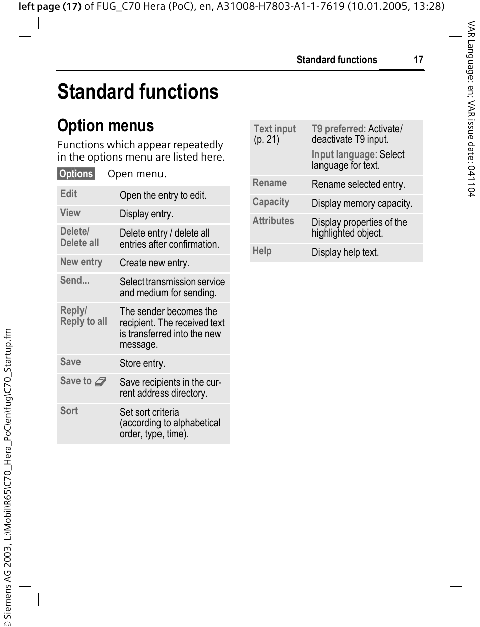 Standard functions, Option menus | Siemens CT70 User Manual | Page 18 / 144