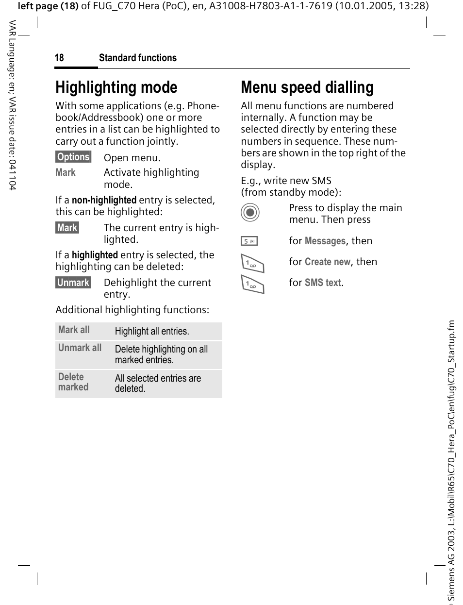 Highlighting mode, Menu speed dialling | Siemens CT70 User Manual | Page 19 / 144