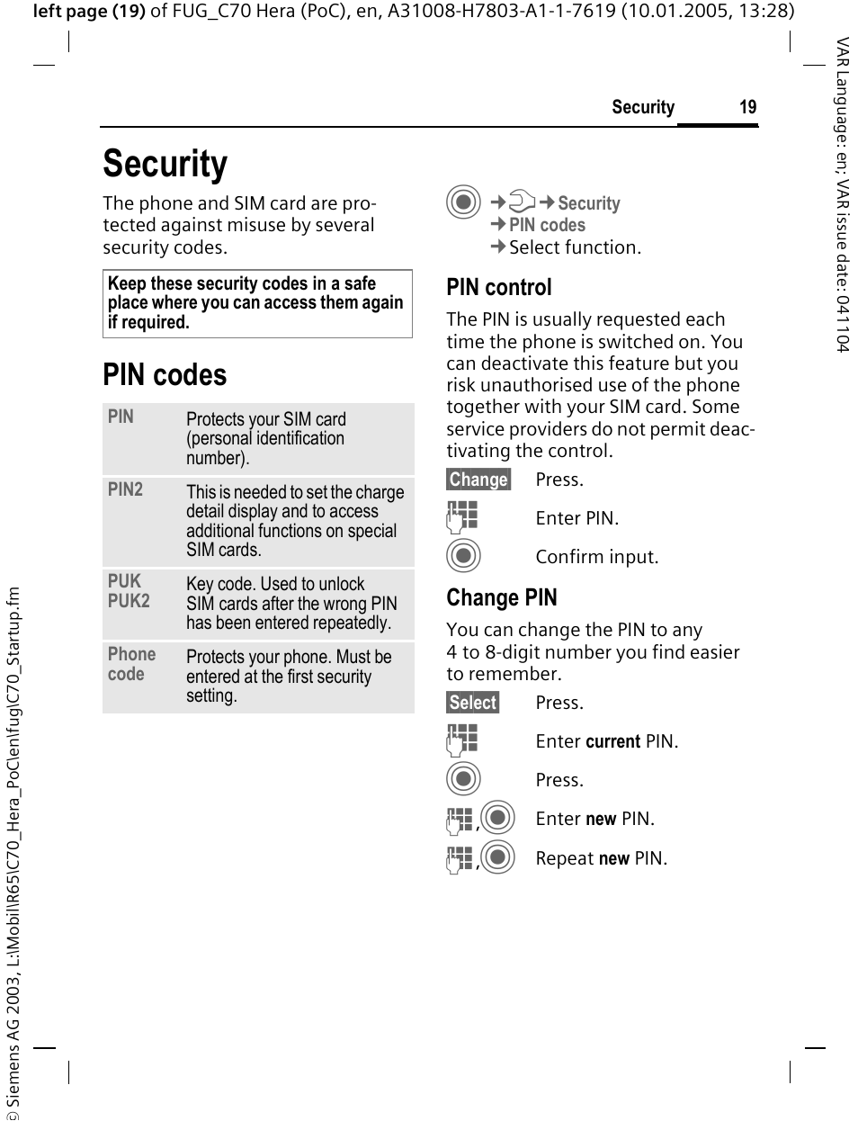 Security, Pin codes | Siemens CT70 User Manual | Page 20 / 144