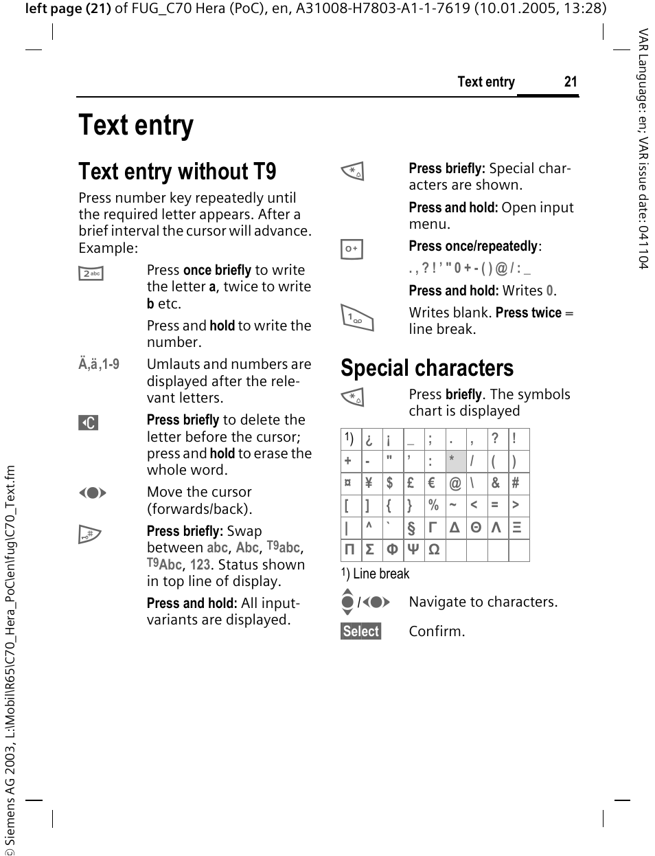 Text entry, Text entry without t9, Special characters | Siemens CT70 User Manual | Page 22 / 144