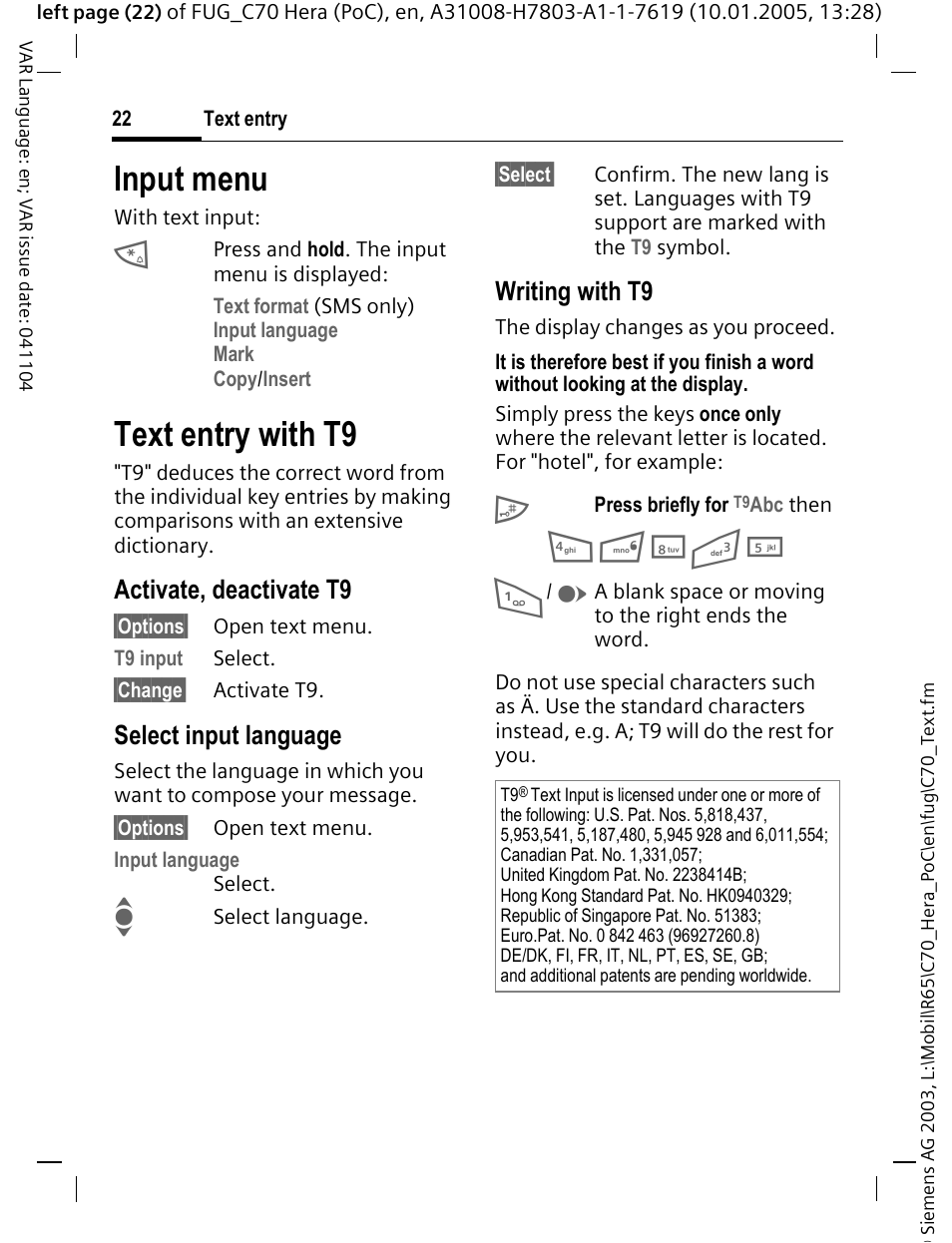 Input menu, Text entry with t9 | Siemens CT70 User Manual | Page 23 / 144