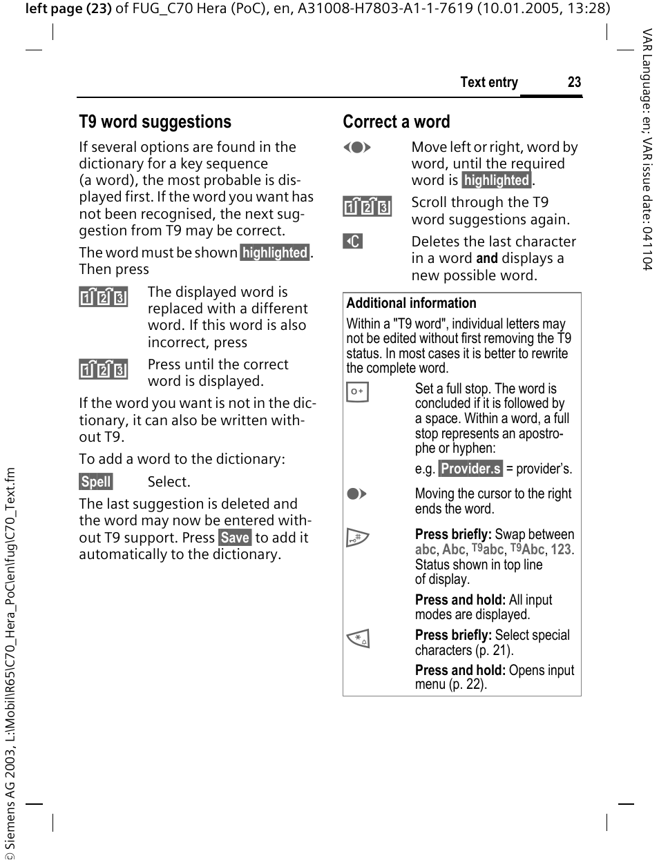 T9 word suggestions, Correct a word | Siemens CT70 User Manual | Page 24 / 144