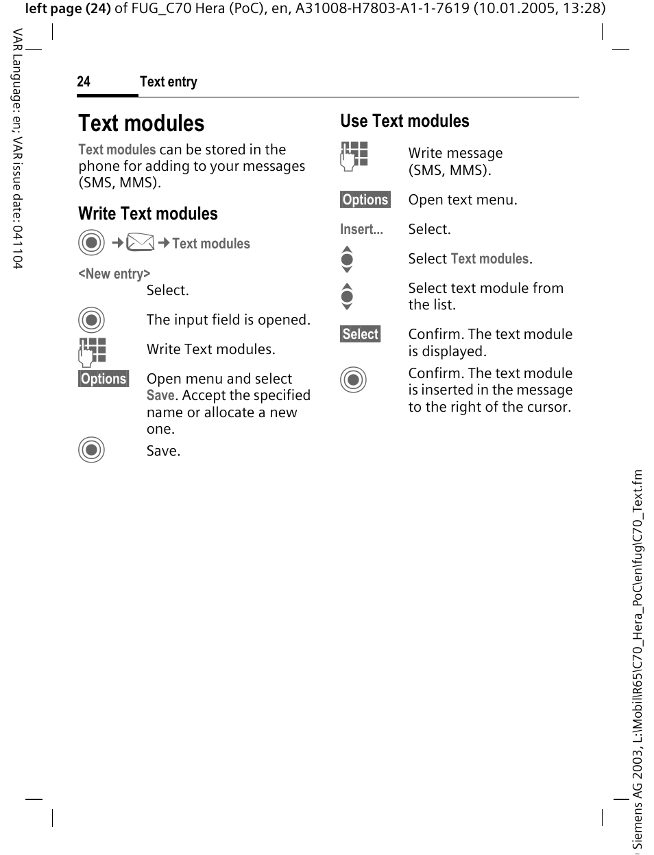 Text modules | Siemens CT70 User Manual | Page 25 / 144