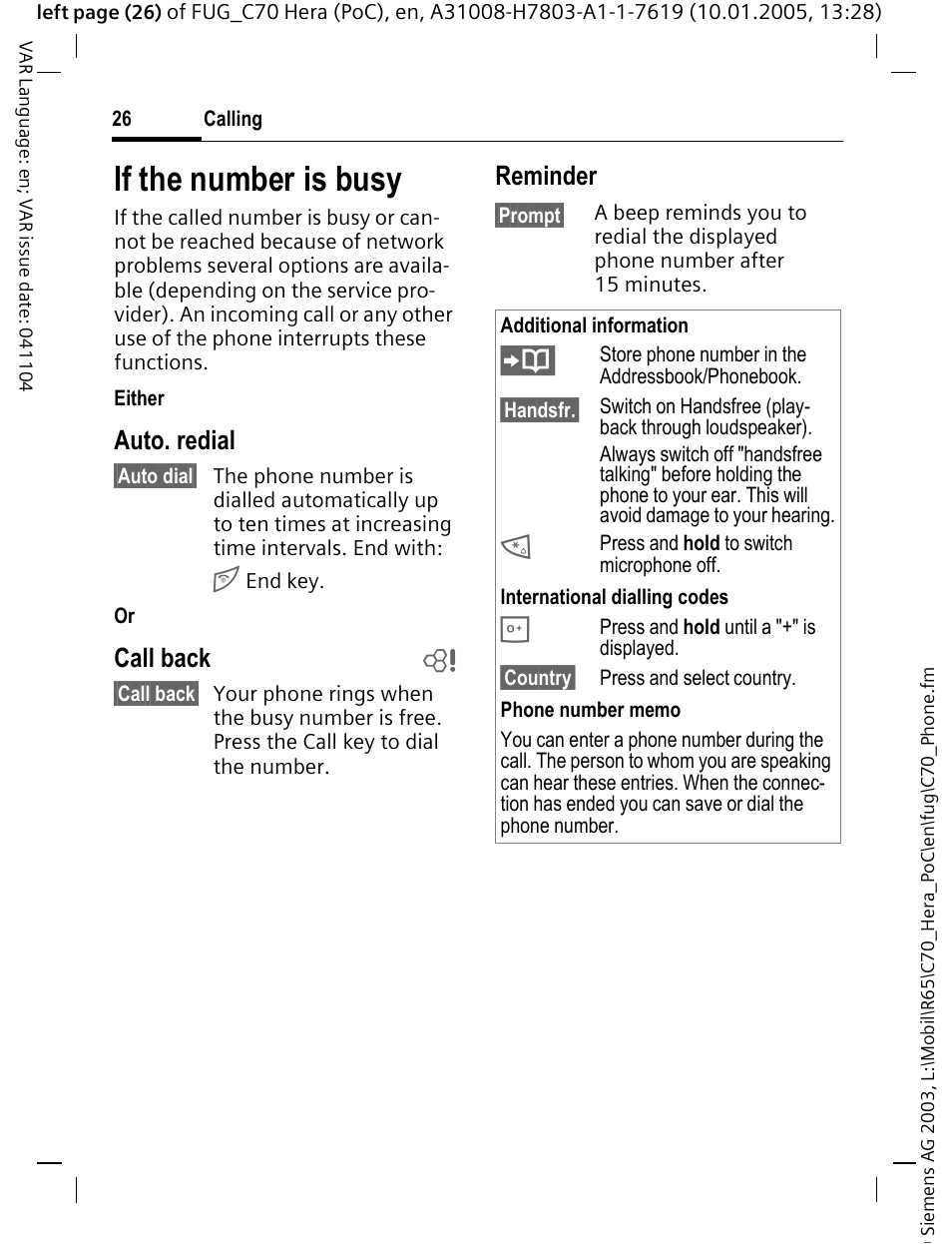 If the number is busy, Auto. redial, Call back b | Reminder | Siemens CT70 User Manual | Page 27 / 144