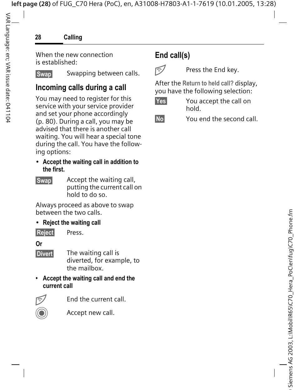 Incoming calls during a call, End call(s) | Siemens CT70 User Manual | Page 29 / 144