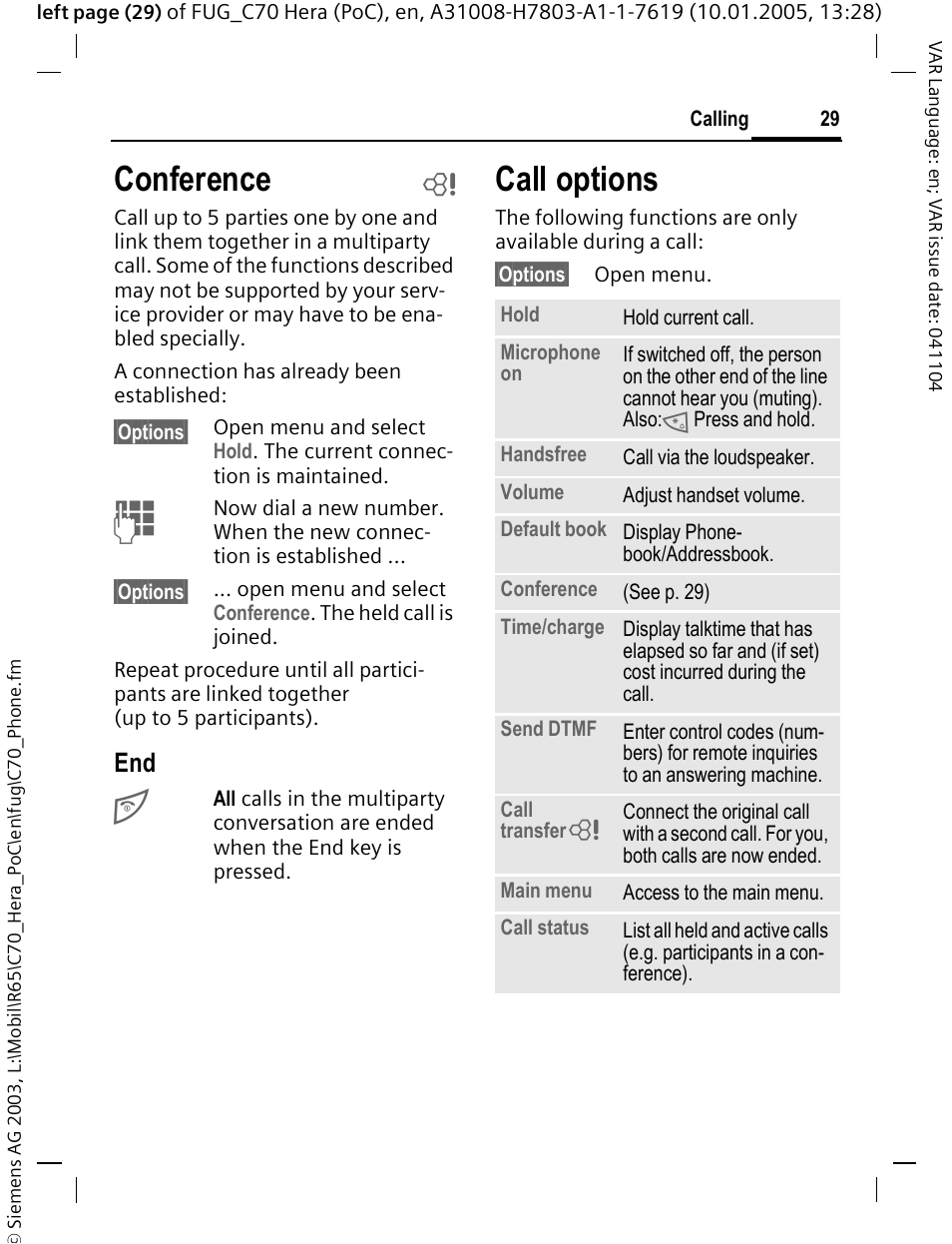 Conference, Call options | Siemens CT70 User Manual | Page 30 / 144