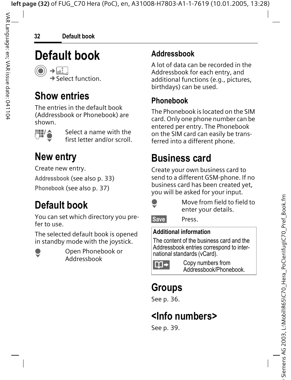 Default book, Default book c, Show entries | New entry, Business card, Groups, Info numbers | Siemens CT70 User Manual | Page 33 / 144