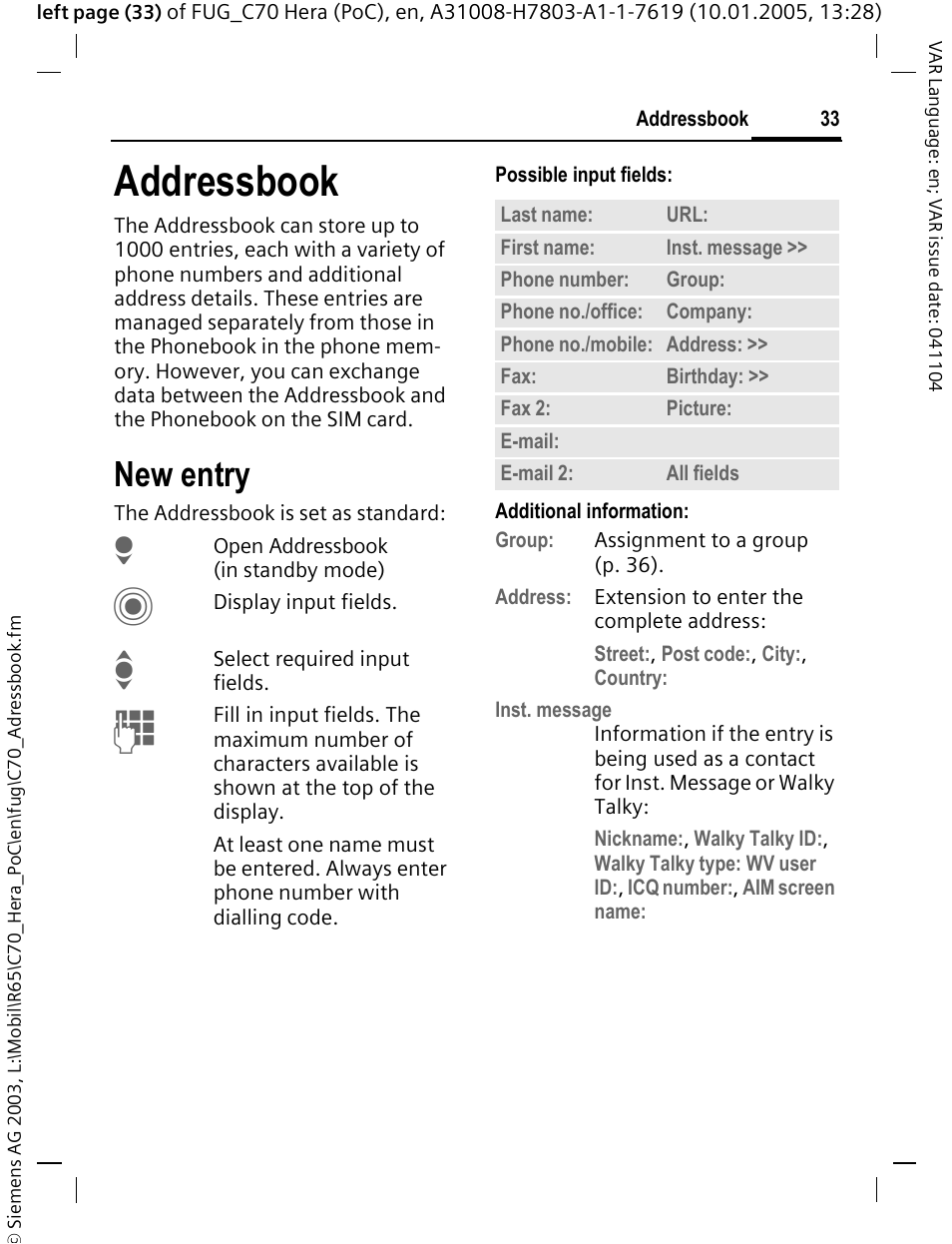 Addressbook, New entry, See also p. 33) | Siemens CT70 User Manual | Page 34 / 144