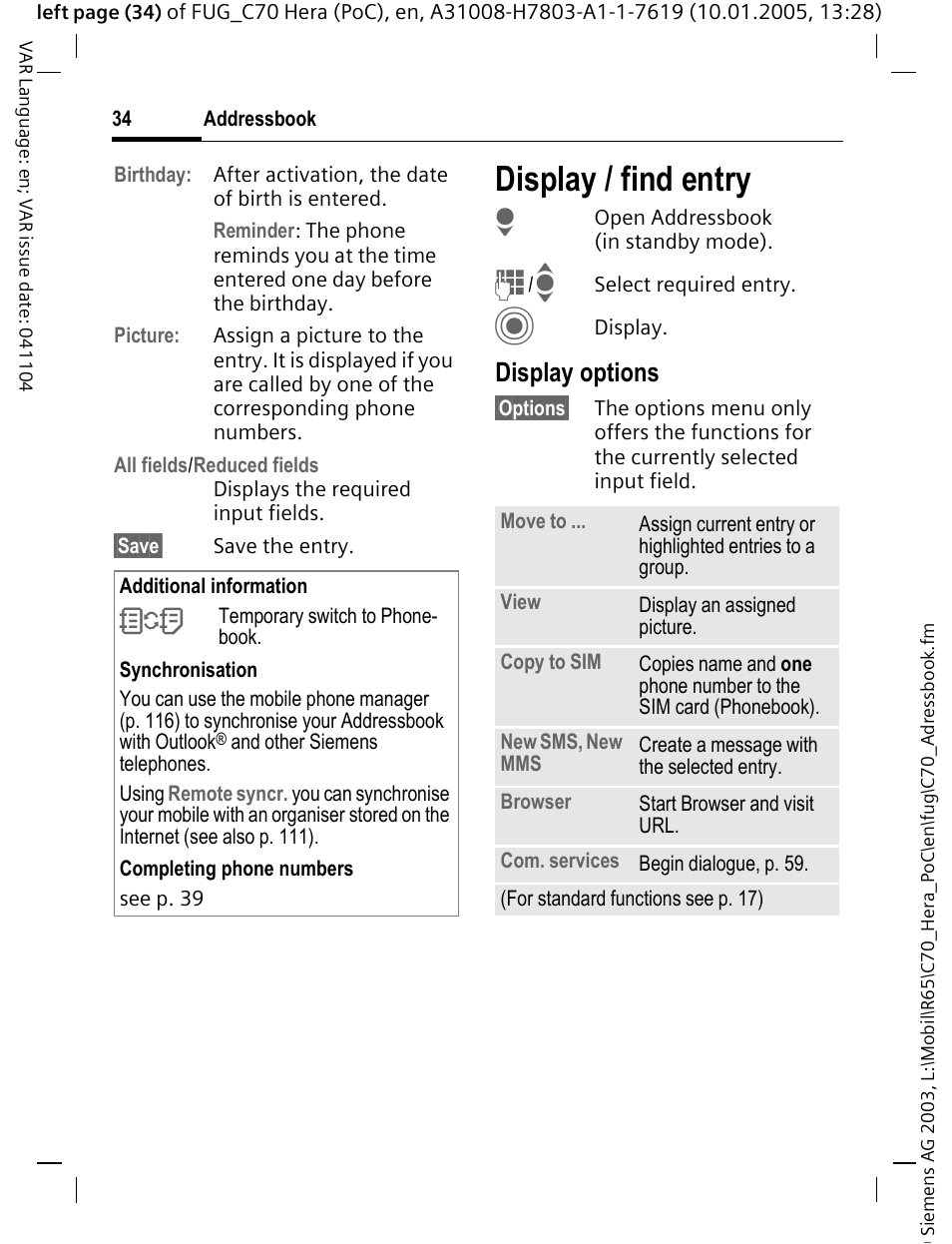 Display / find entry, Display options | Siemens CT70 User Manual | Page 35 / 144