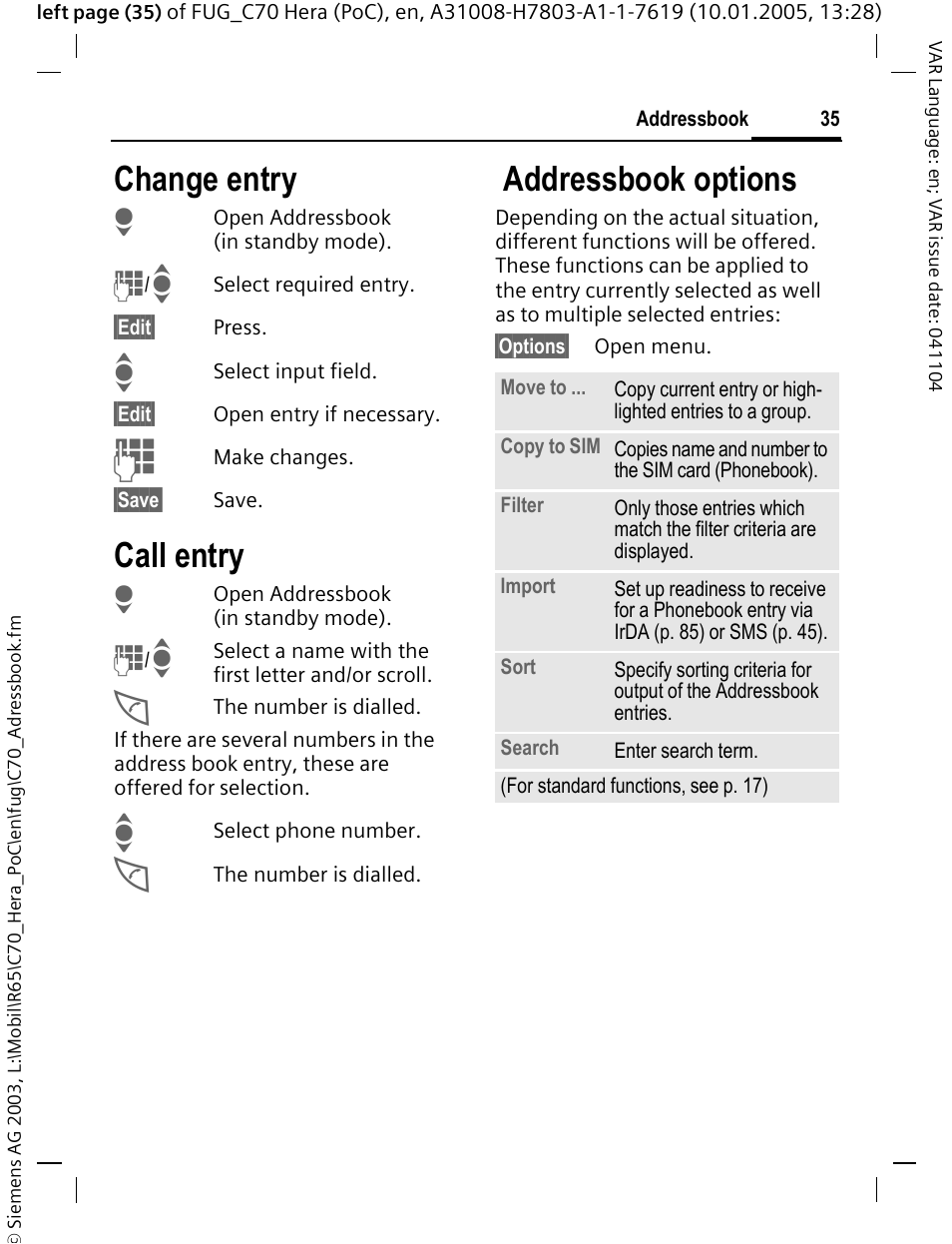 Change entry, Call entry, Addressbook options | Siemens CT70 User Manual | Page 36 / 144