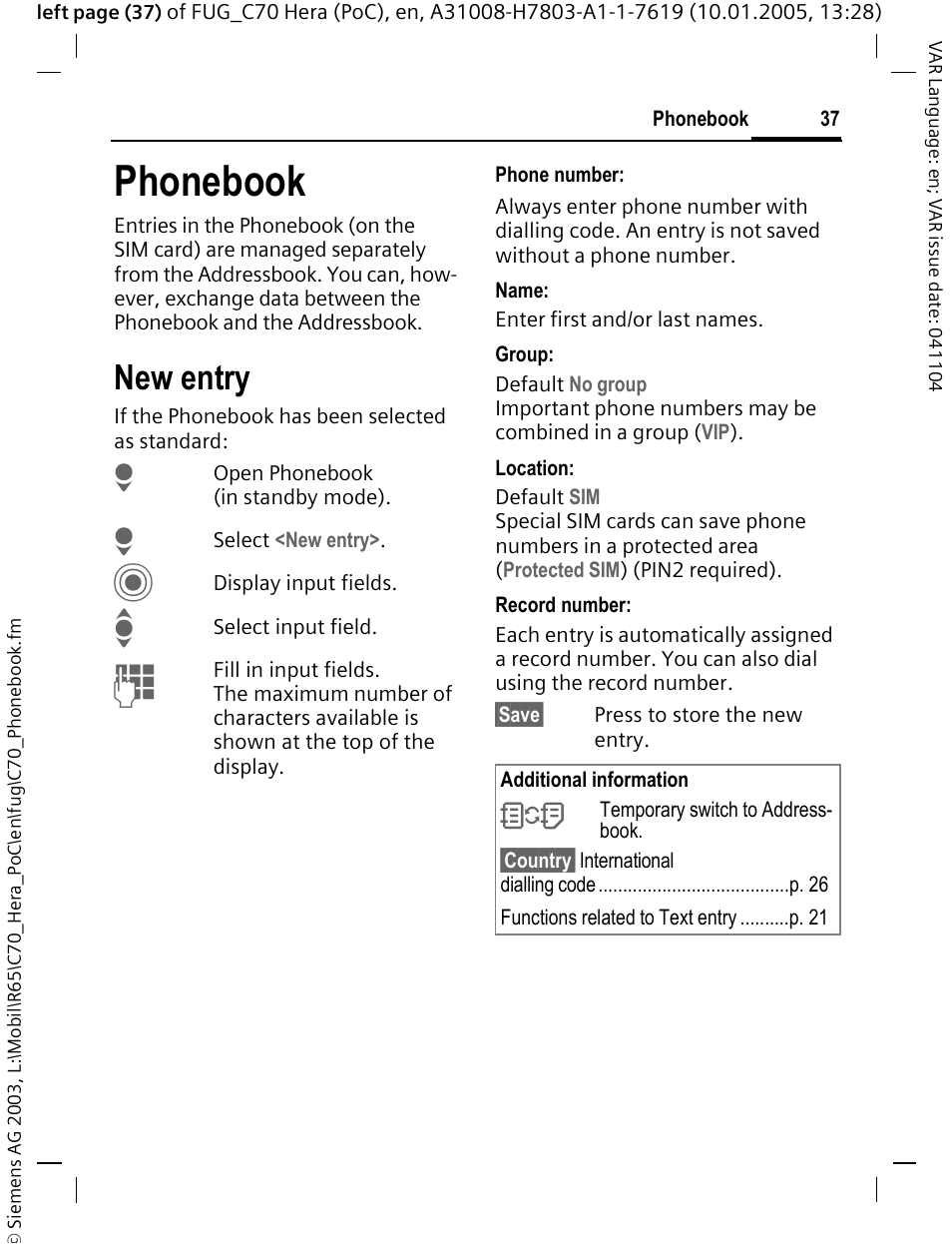 Phonebook, New entry, See also p. 37) | Siemens CT70 User Manual | Page 38 / 144