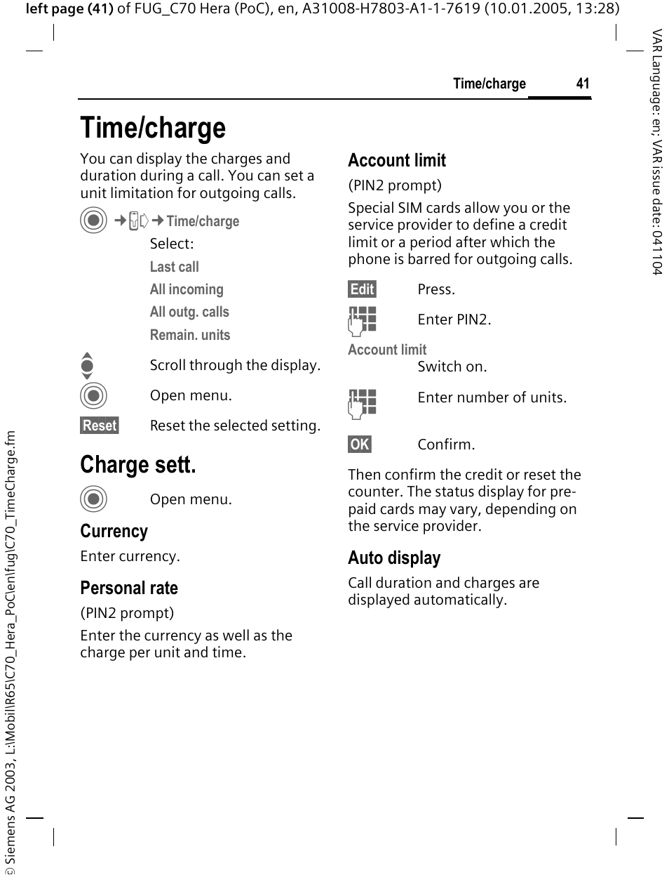 Time/charge, Charge sett | Siemens CT70 User Manual | Page 42 / 144