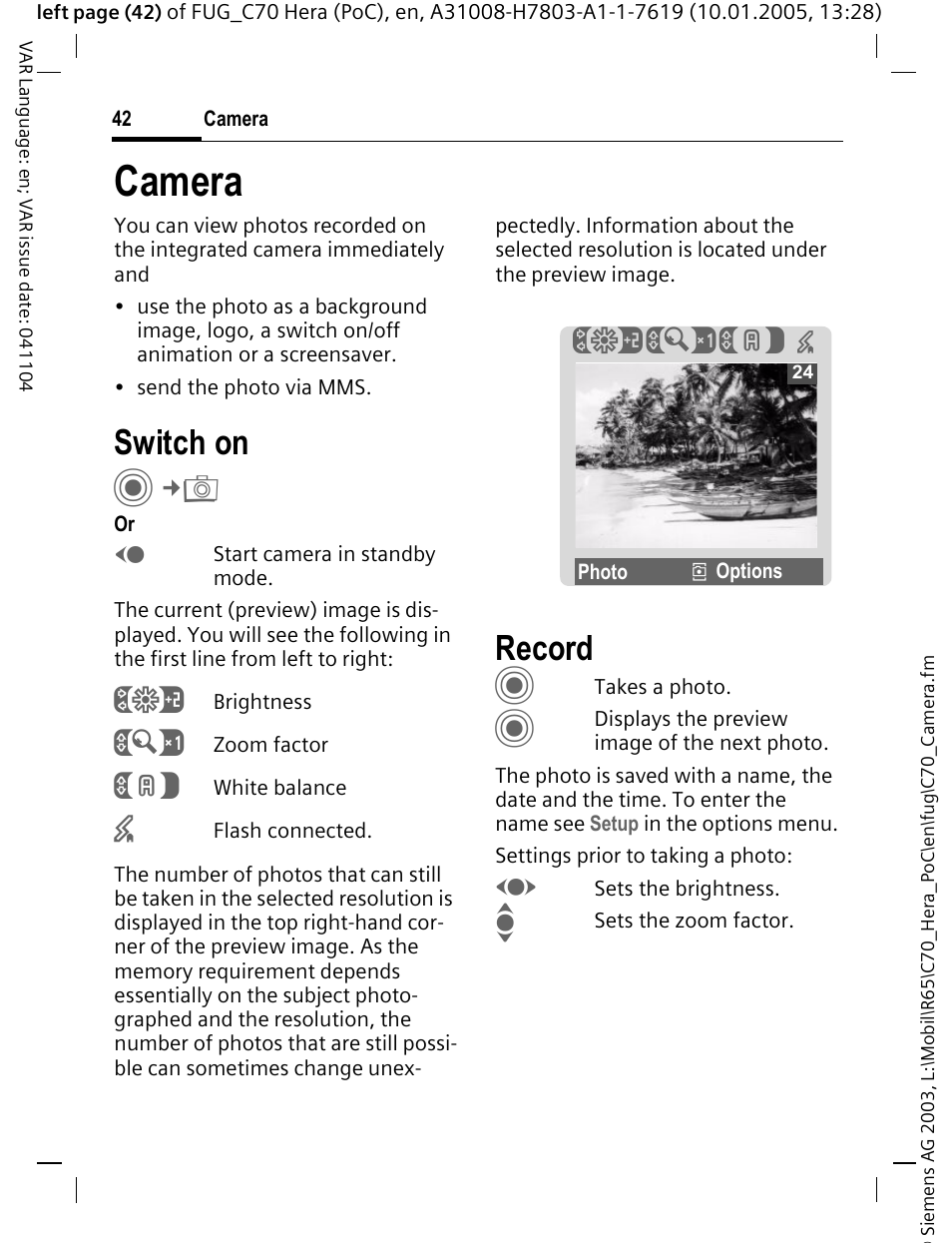 Camera, Switch on, Record | Siemens CT70 User Manual | Page 43 / 144