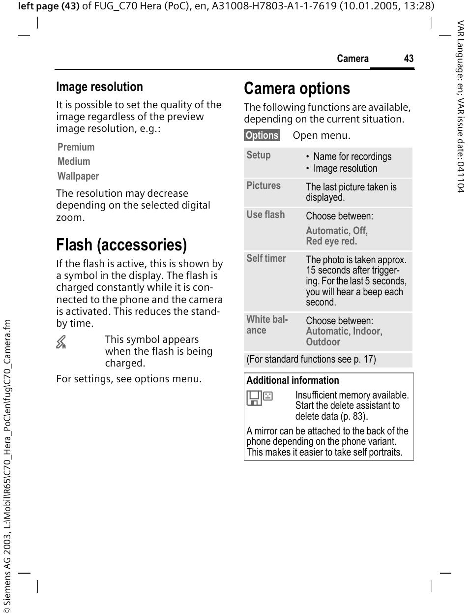 Flash (accessories), Camera options, Image resolution | Siemens CT70 User Manual | Page 44 / 144