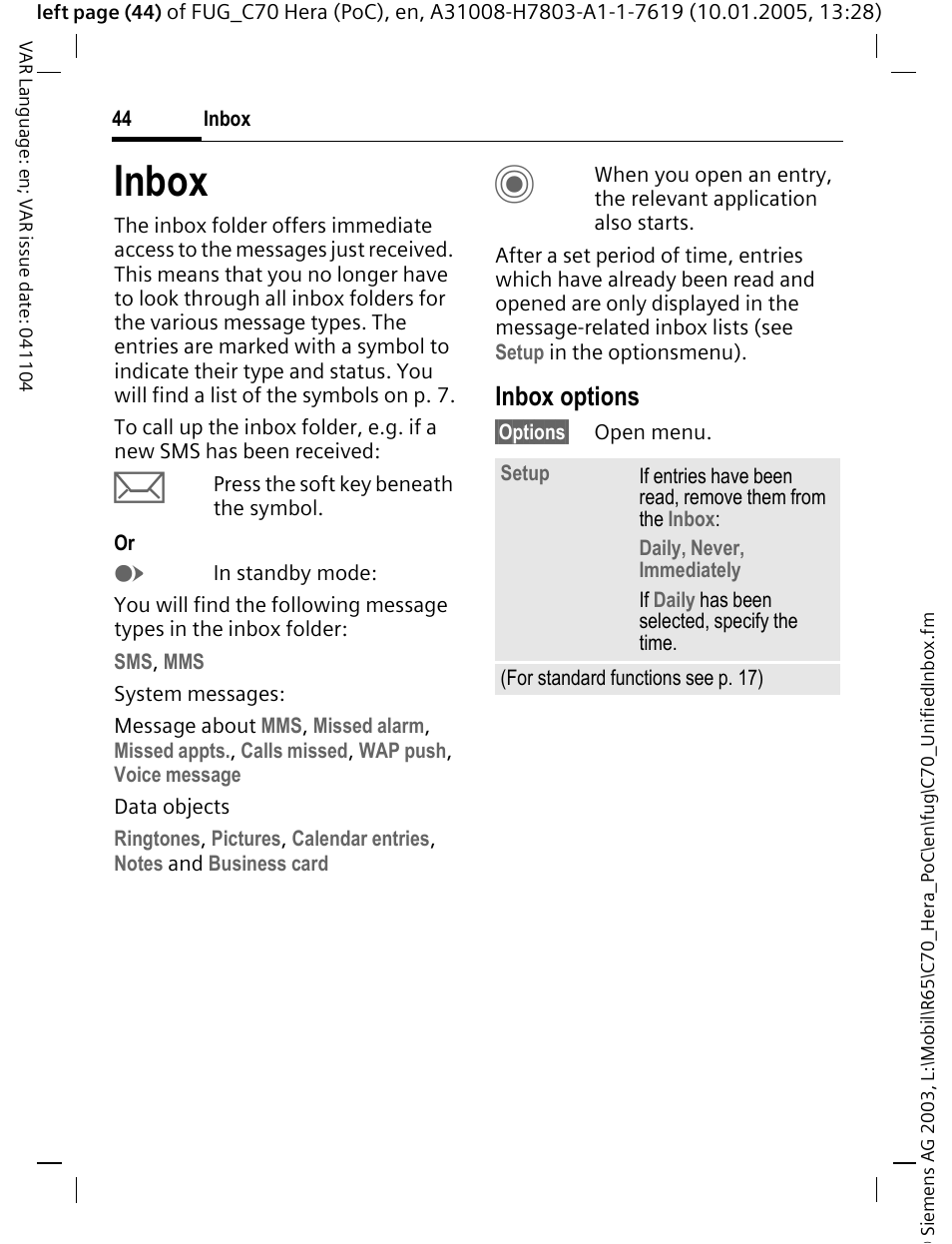 Inbox, Inbox options | Siemens CT70 User Manual | Page 45 / 144