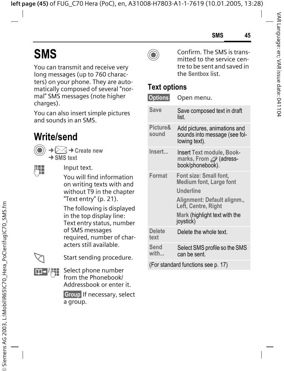 Write/send, Text options | Siemens CT70 User Manual | Page 46 / 144