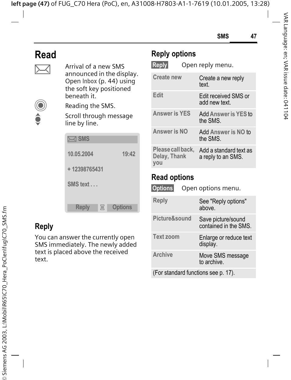 Read, Reply, Reply options | Read options | Siemens CT70 User Manual | Page 48 / 144