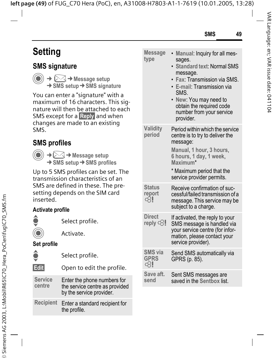 Setting, Sms signature, Sms profiles | Siemens CT70 User Manual | Page 50 / 144